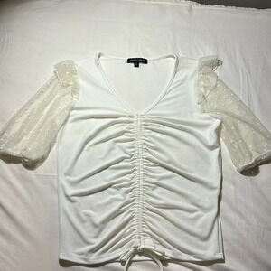 Moa Moa V Neck Gather Detail Top with Lace Sleeves size M